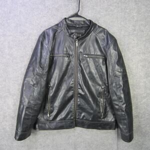 Guess Jacket Mens Large Black Faux Leather Moto Biker Full Zip Pockets Damaged